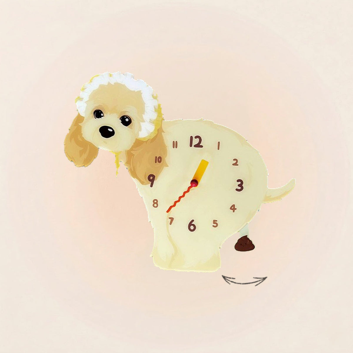 American Cocker Spaniel Poop-Time wall clock in Buff with swinging poop pendulum