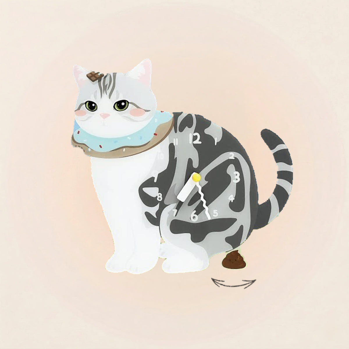 American Shorthair Cat Poop-Time wall clock in Silver Tabby & White with swinging poop pendulum