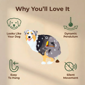 Australian Shepherd wall clock features: dog design, swinging pendulum, wall hooks and silent movement