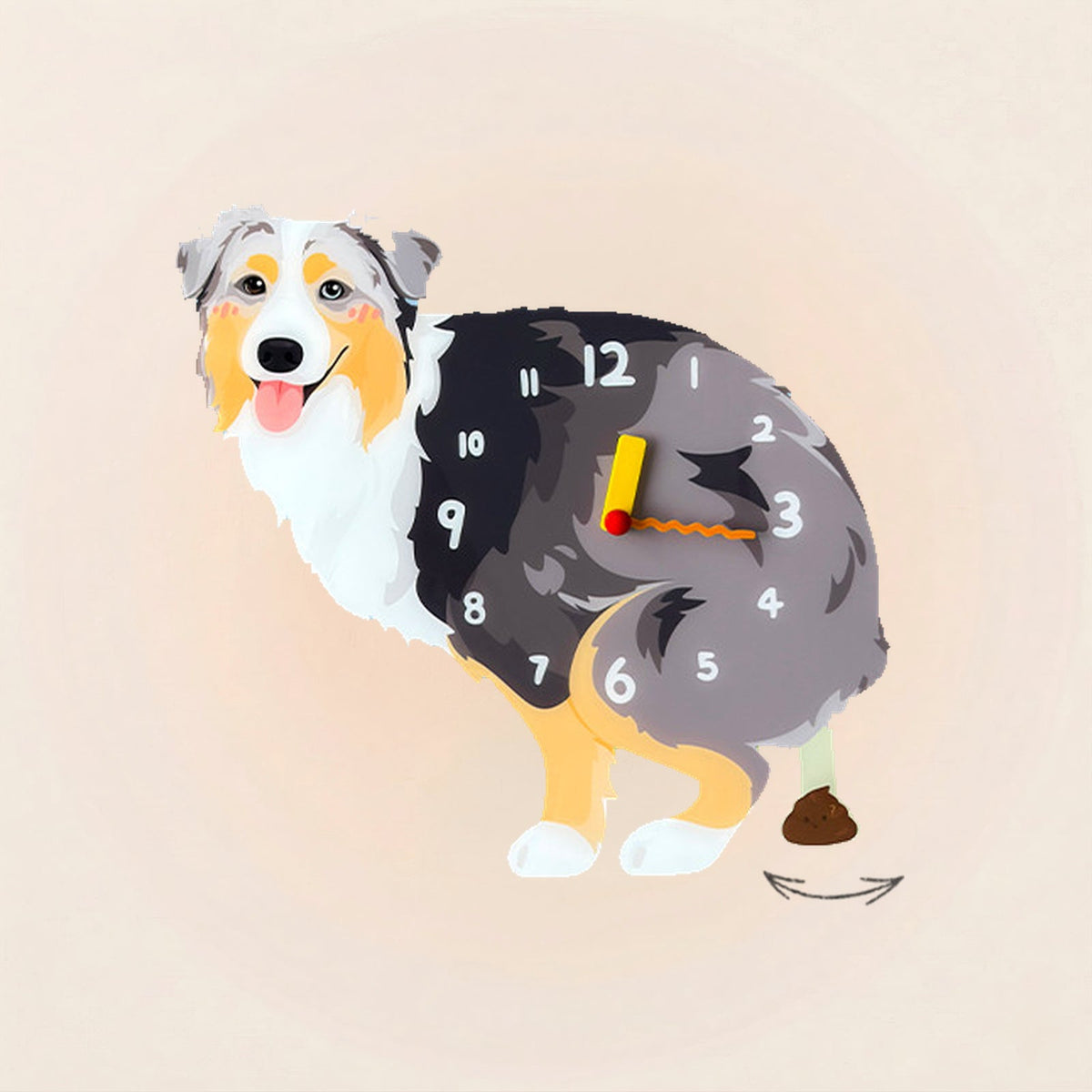 Australian Shepherd Poop-Time wall clock in Blue Merle with swinging poop pendulum