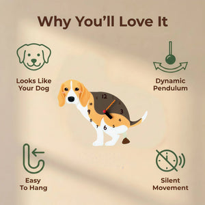 Beagle wall clock features: dog design, swinging pendulum, wall hooks and silent movement