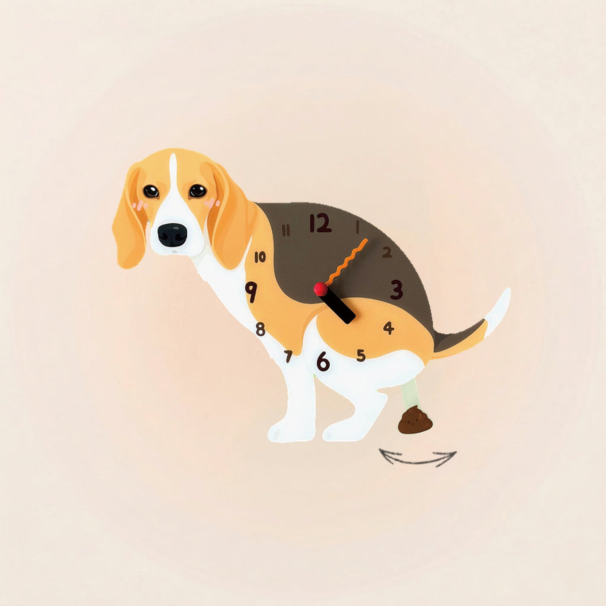 Beagle Poop-Time wall clock in Tricolor with swinging poop pendulum