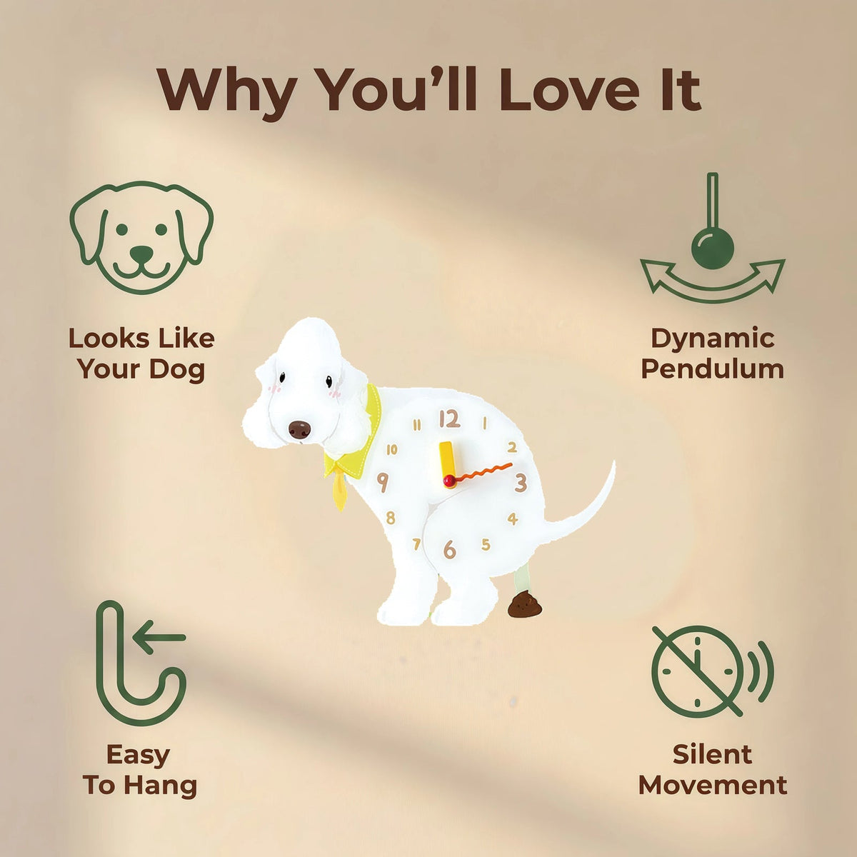 Bedlington Terrier wall clock features: dog design, swinging pendulum, wall hooks and silent movement