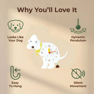 Bedlington Terrier wall clock features: dog design, swinging pendulum, wall hooks and silent movement