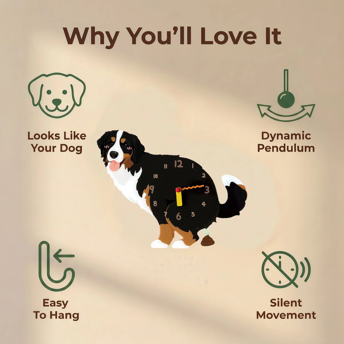 Bernese Mountain Dog wall clock features: dog design, swinging pendulum, wall hooks and silent movement