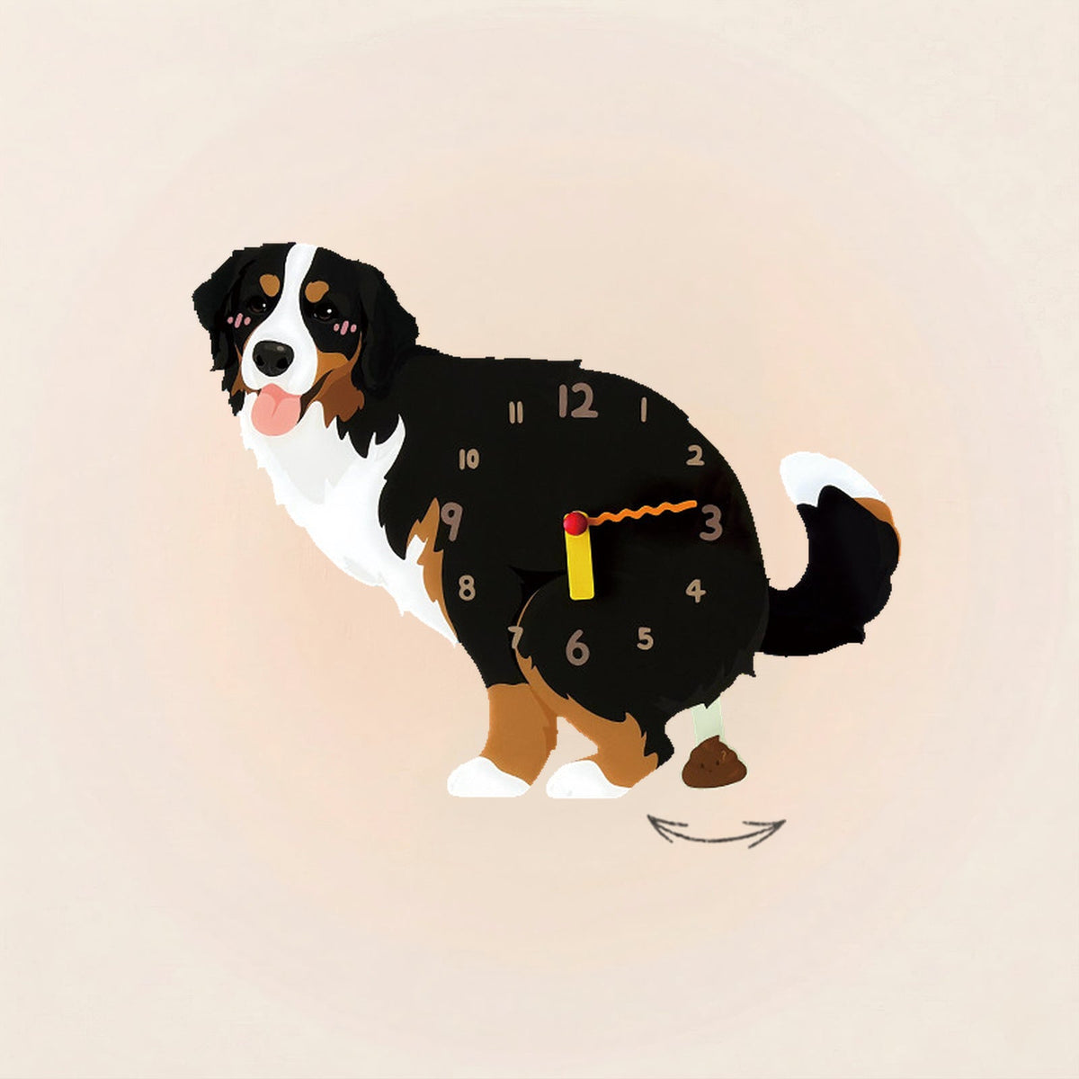 Bernese Mountain Dog Poop-Time wall clock in Tricolor with swinging poop pendulum