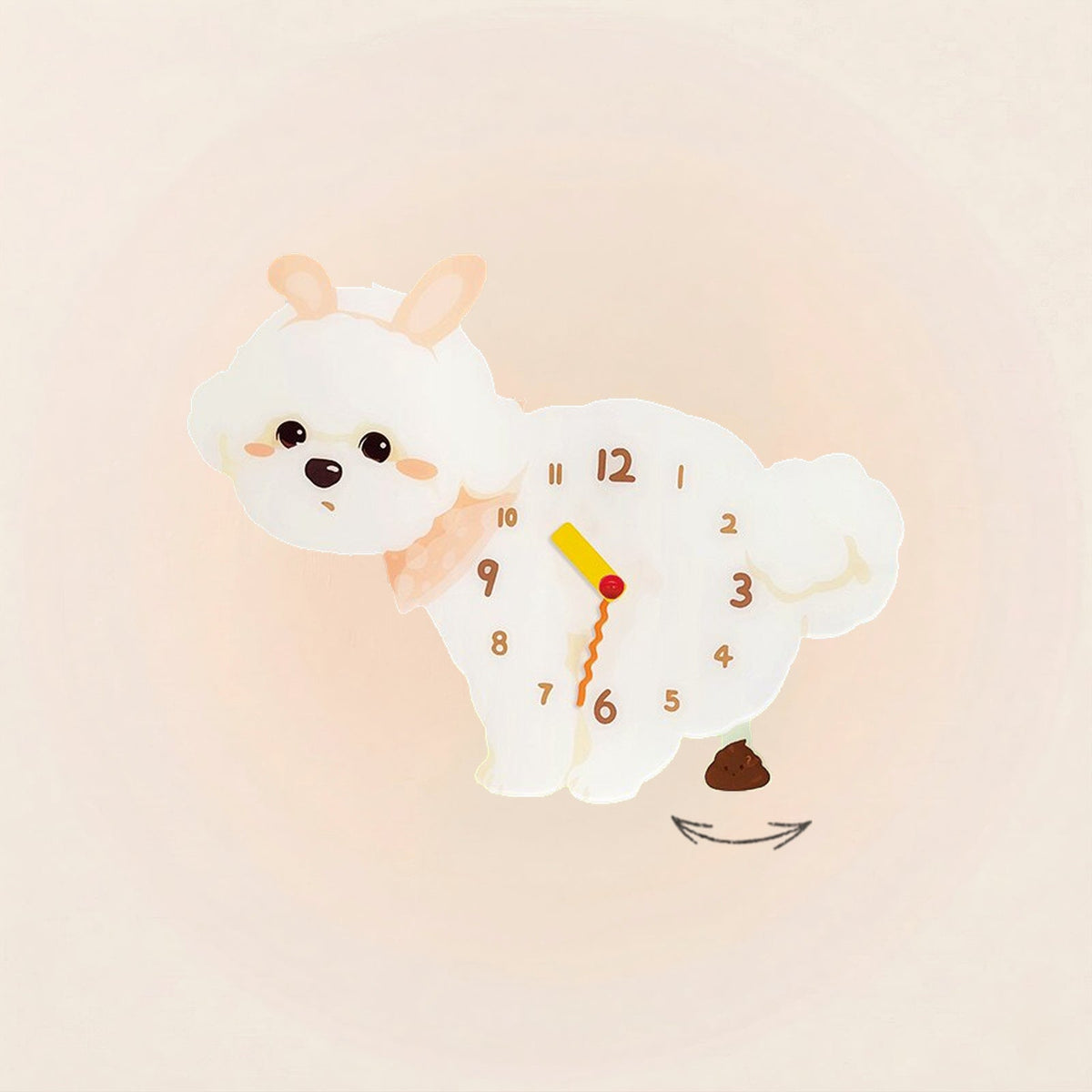 Bichon Frise Poop-Time wall clock in Bunny Ears with swinging poop pendulum