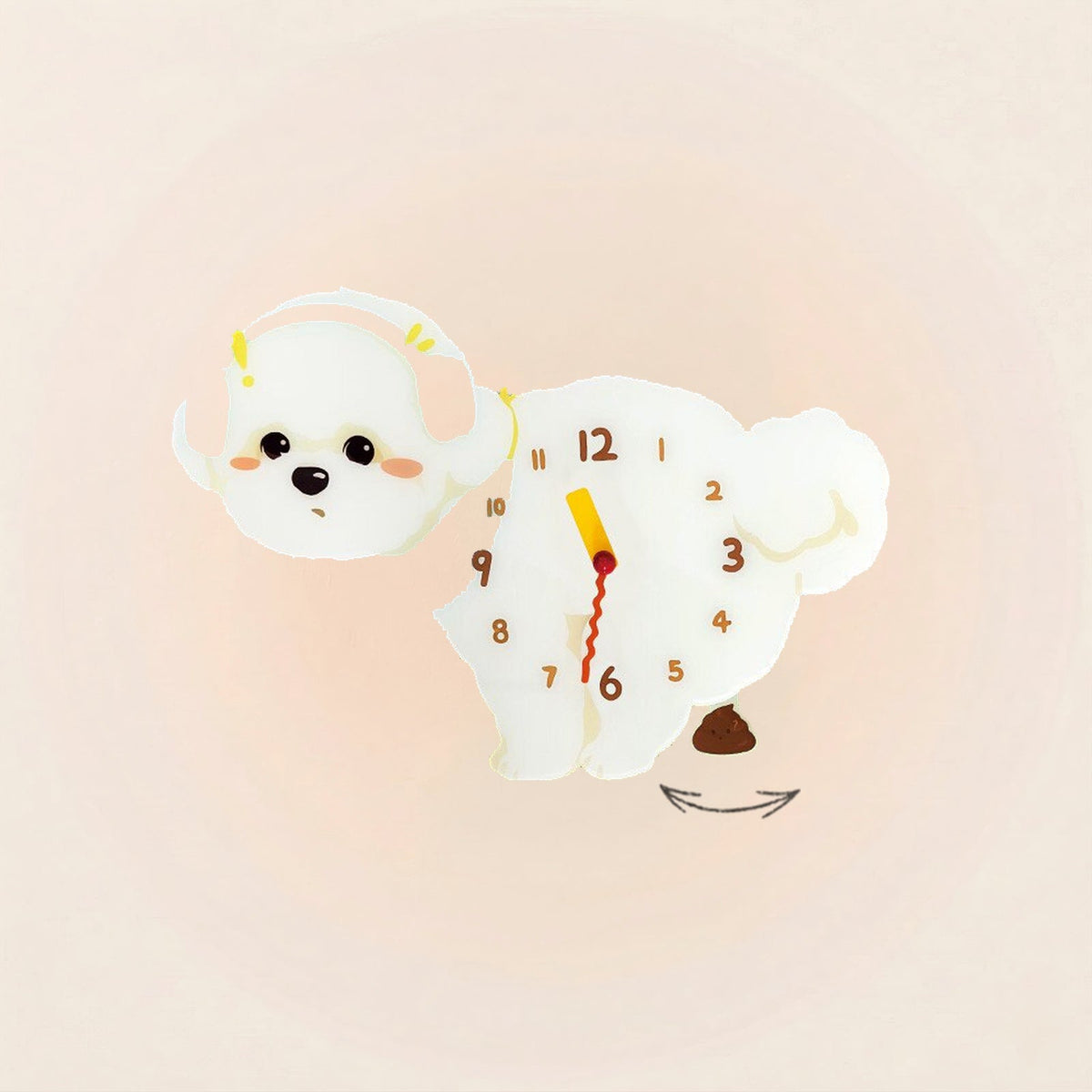 Bichon Frise Poop-Time wall clock in Headphones with swinging poop pendulum
