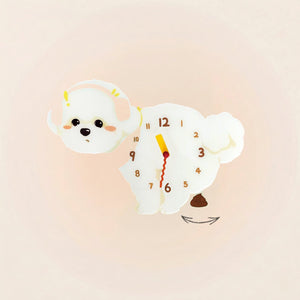 Bichon Frise Poop-Time wall clock in Headphones with swinging poop pendulum