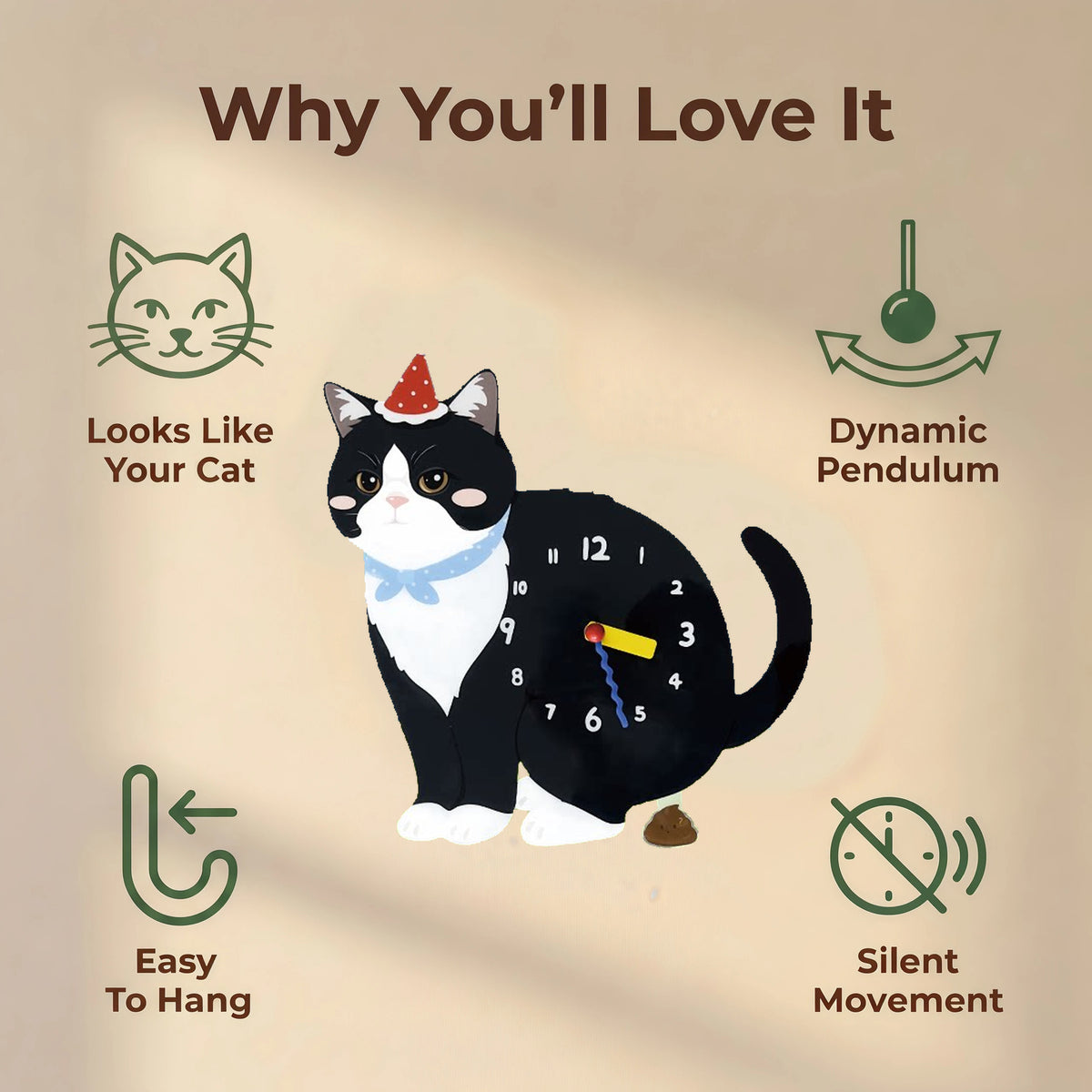 Black & White Cat wall clock features: cat design, swinging pendulum, wall hooks and silent movement