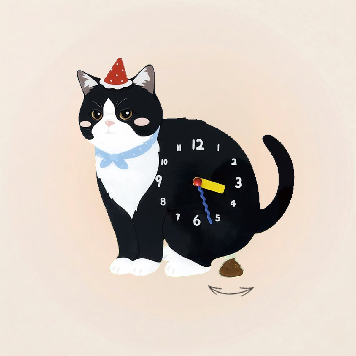Black & White Cat Poop-Time wall clock in Black & White with swinging poop pendulum