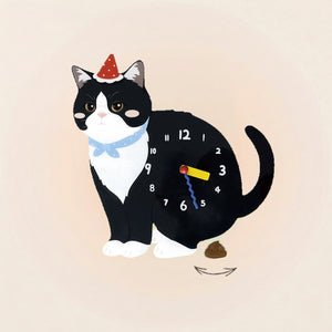 Black & White Cat Poop-Time wall clock in Black & White with swinging poop pendulum