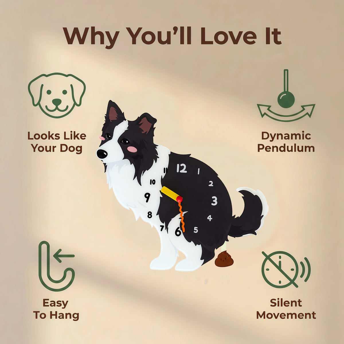 Border Collie wall clock features: dog-inspired design, swinging pendulum, easy hanging and silent movement