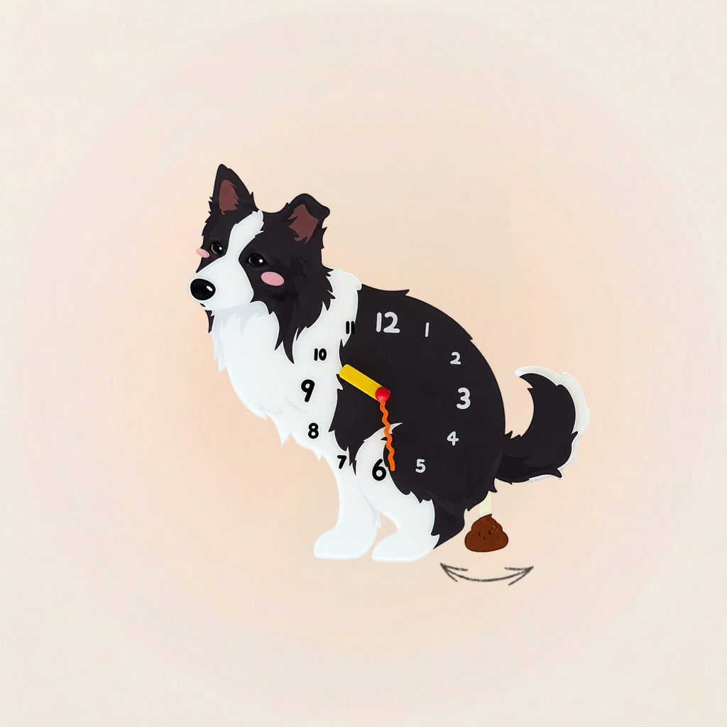 Black and white Border Collie wall clock with swinging poop pendulum