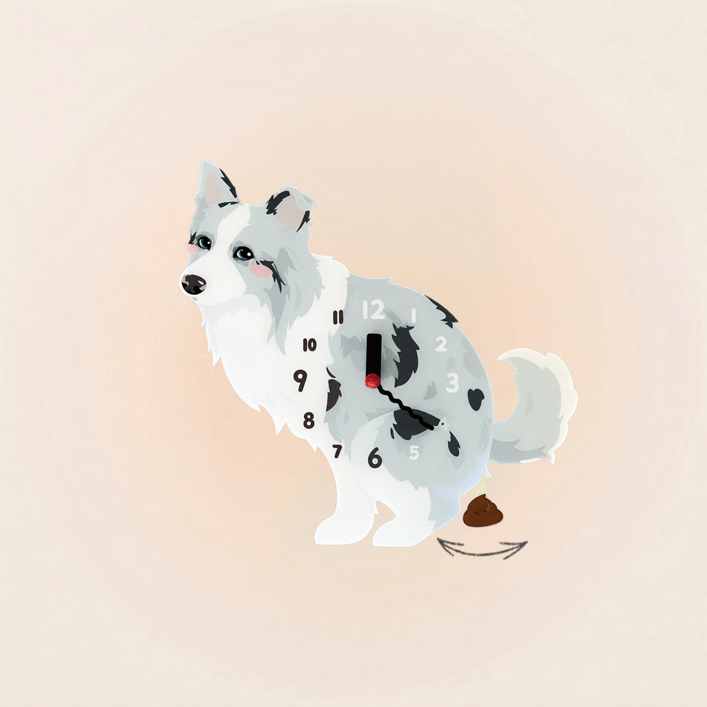 Blue merle Border Collie wall clock with swinging poop pendulum