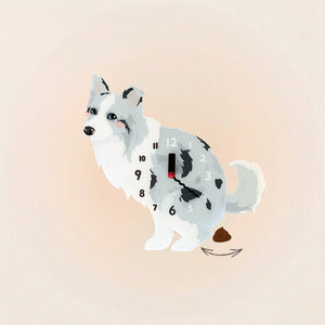 Blue merle Border Collie wall clock with swinging poop pendulum