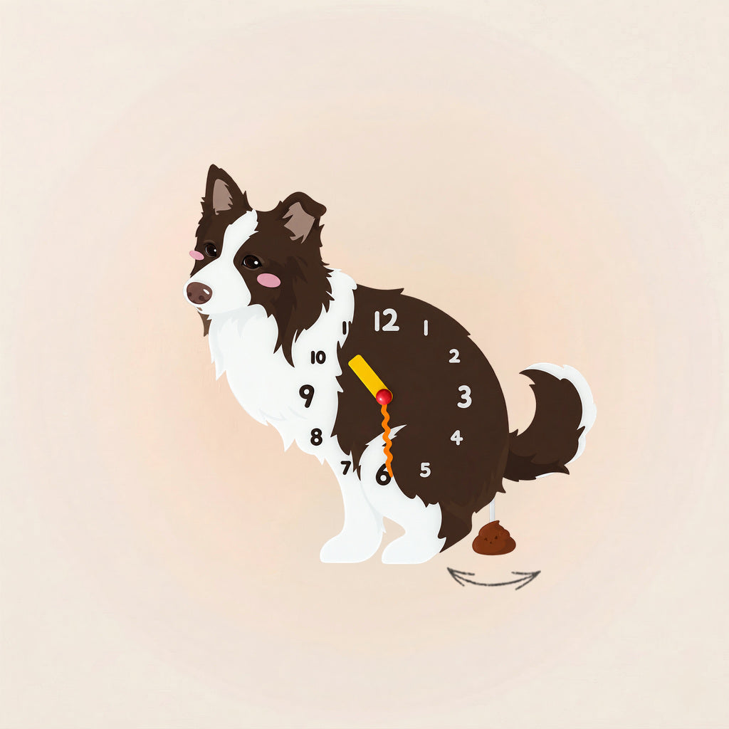 Brown and white Border Collie wall clock with swinging poop pendulum