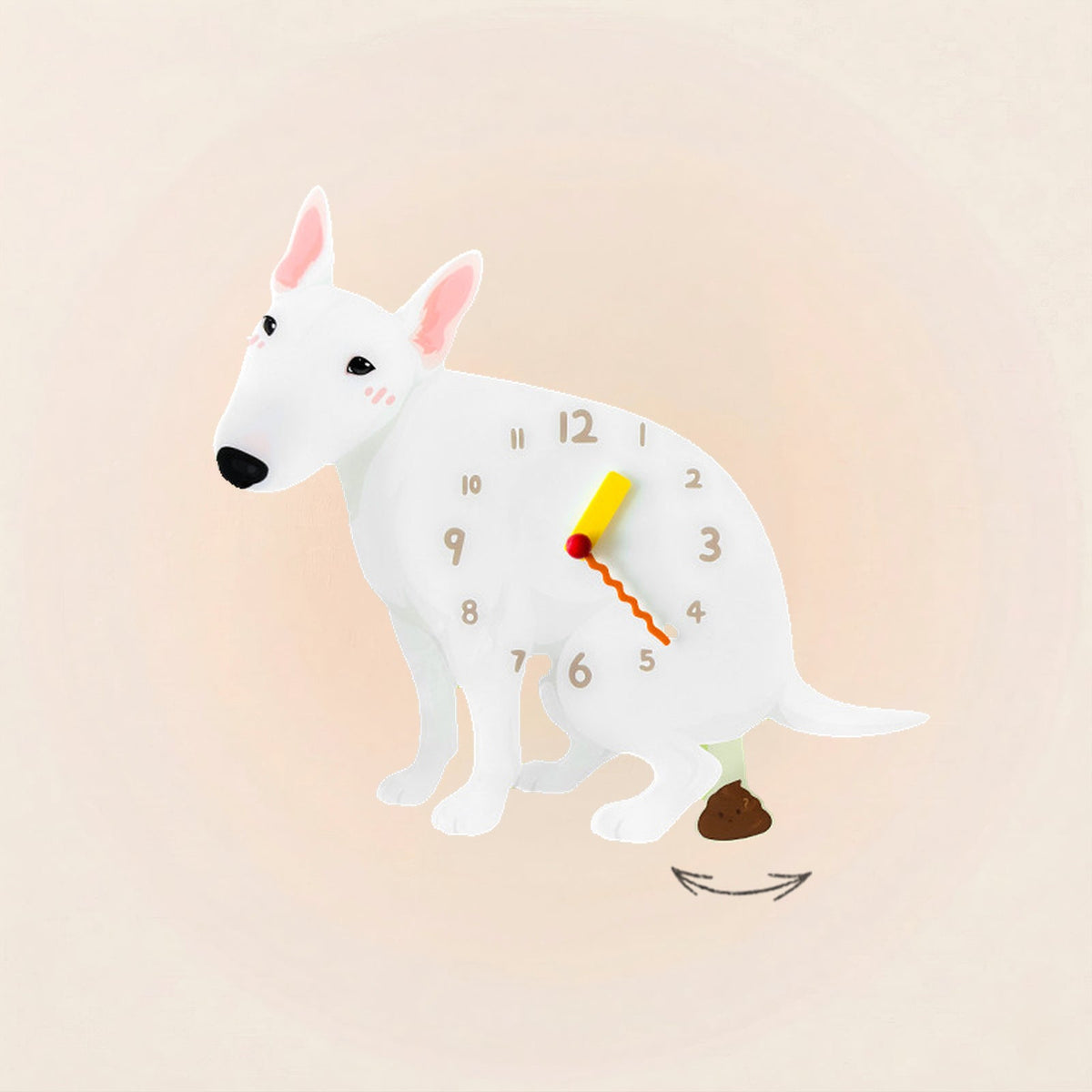 Bull Terrier Poop-Time wall clock in White with swinging poop pendulum