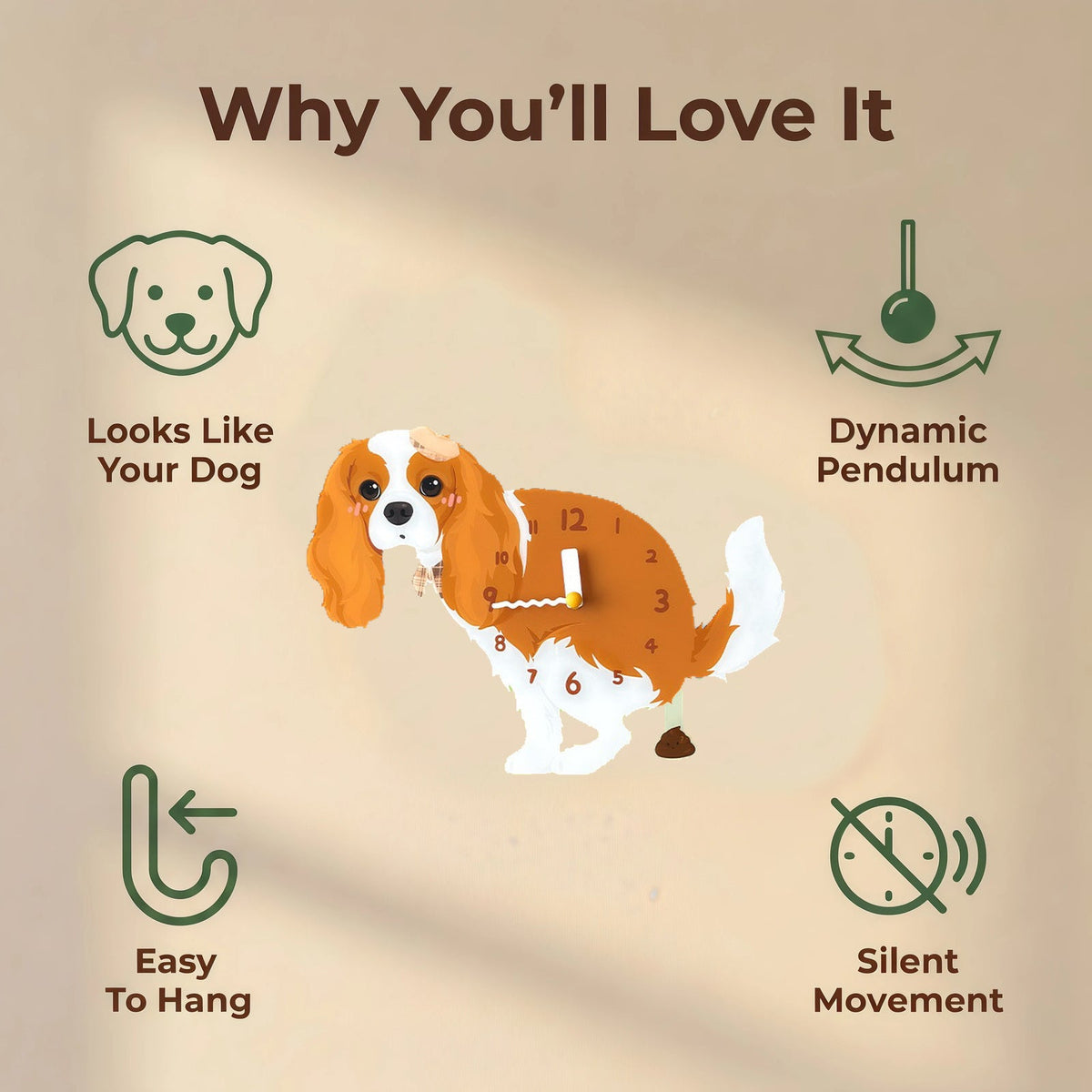 Cavalier King Charles Spaniel wall clock features: dog design, swinging pendulum, wall hooks and silent movement