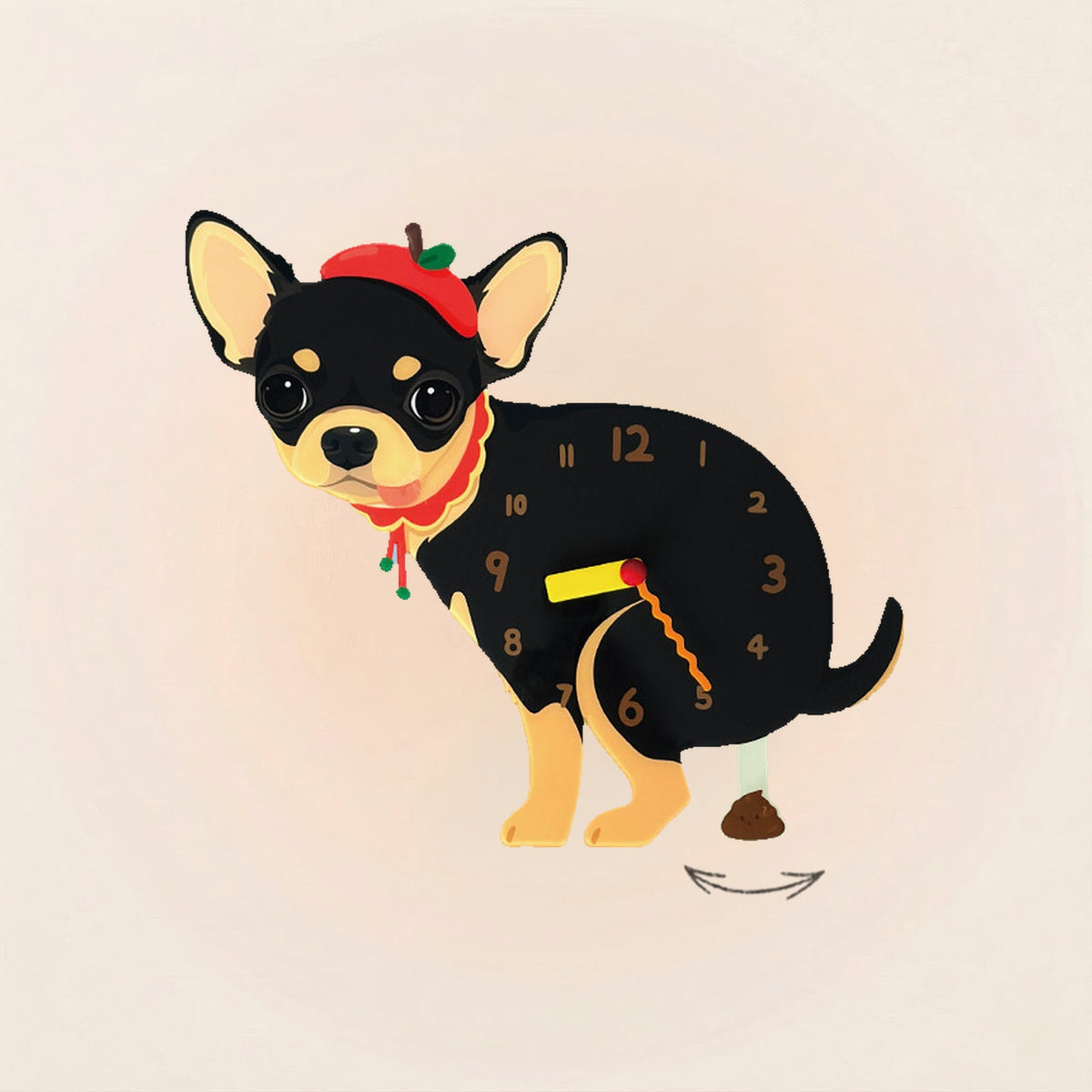 Chihuahua Poop-Time wall clock in Black & Tan with swinging poop pendulum