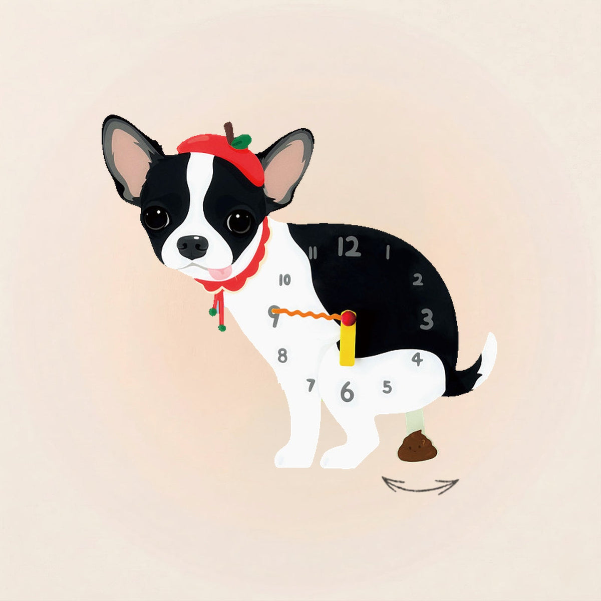 Chihuahua Poop-Time wall clock in Black & White with swinging poop pendulum