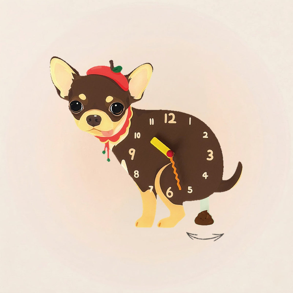 Chihuahua Poop-Time wall clock in Chocolate & Tan with swinging poop pendulum