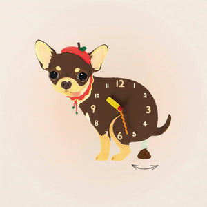 Chihuahua Poop-Time wall clock in Chocolate & Tan with swinging poop pendulum