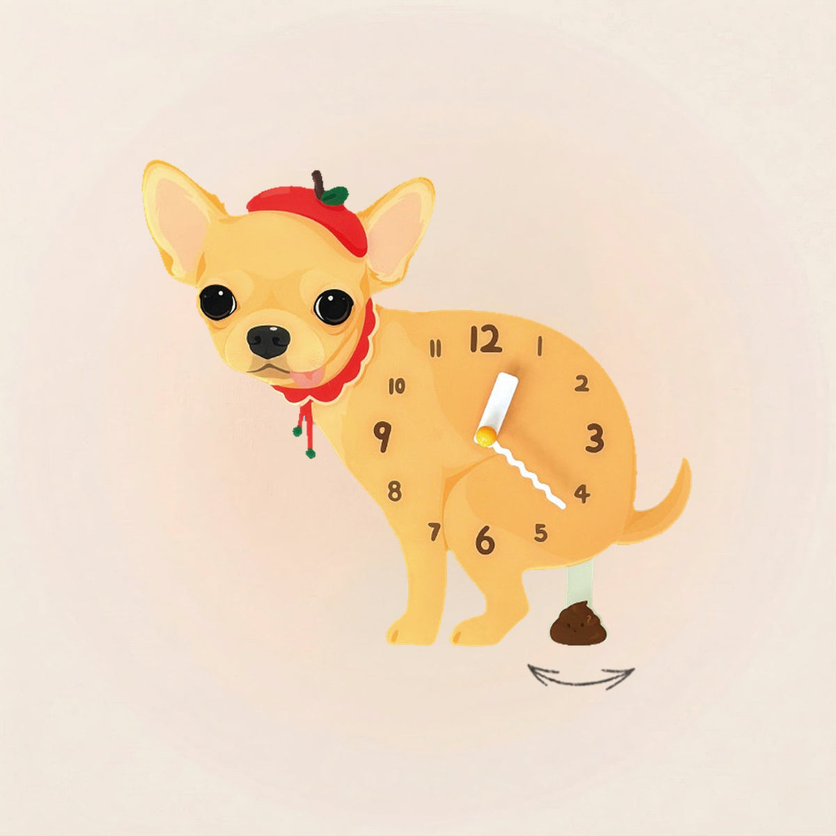 Chihuahua Poop-Time wall clock in Fawn with swinging poop pendulum