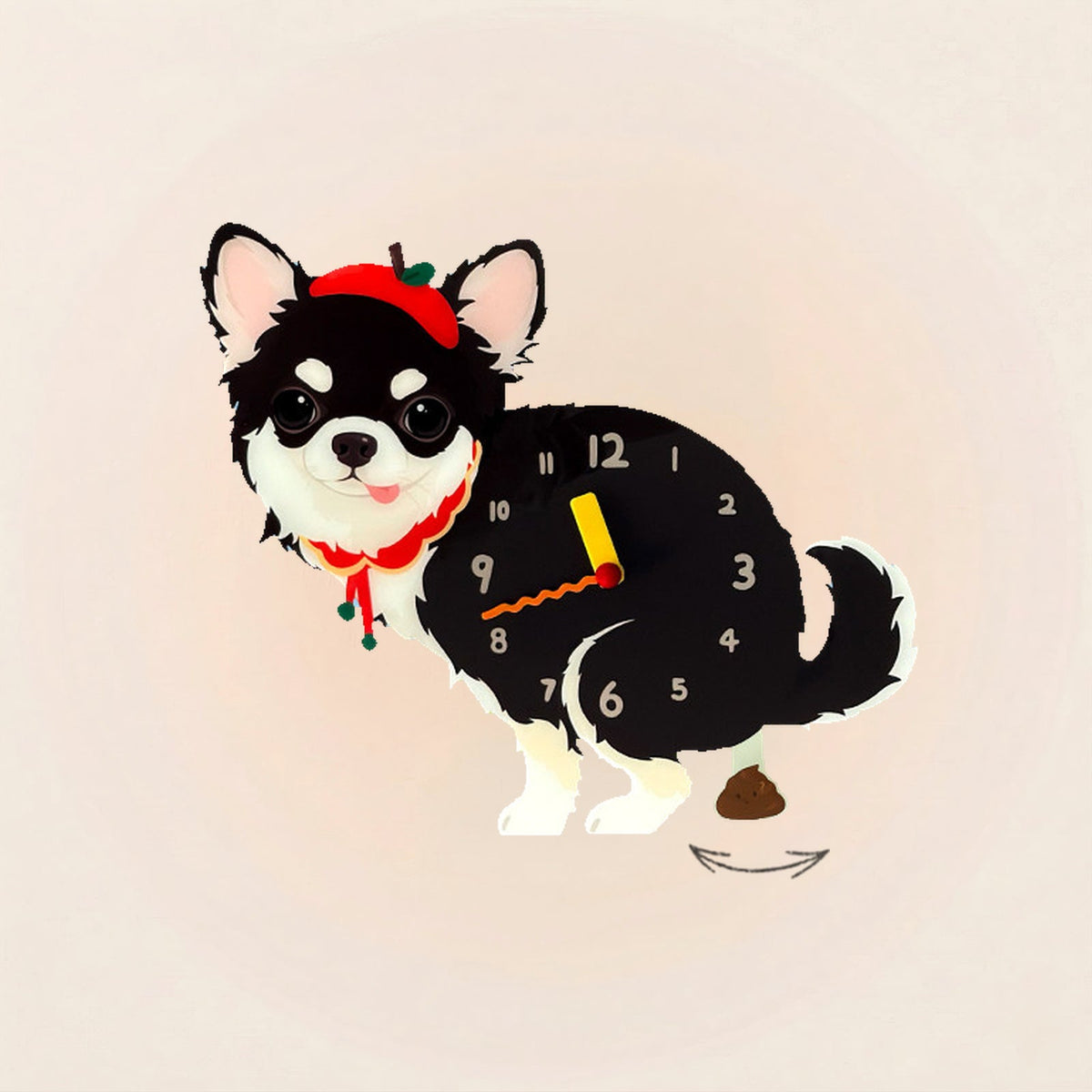 Chihuahua Poop-Time wall clock in Long-Haired Black & Tan with swinging poop pendulum