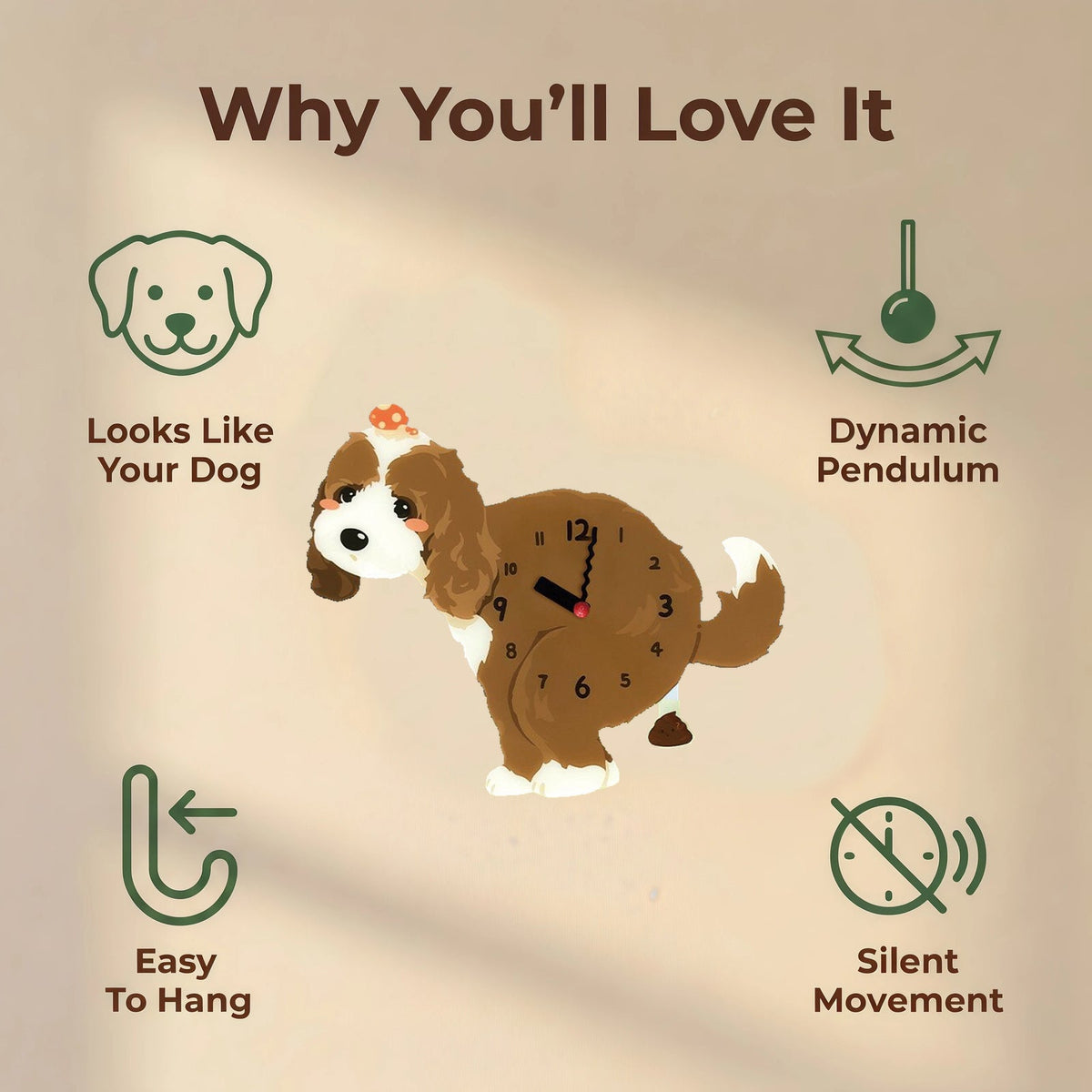 Cockapoo wall clock features: dog design, swinging pendulum, wall hooks and silent movement