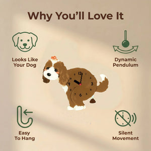 Cockapoo wall clock features: dog design, swinging pendulum, wall hooks and silent movement