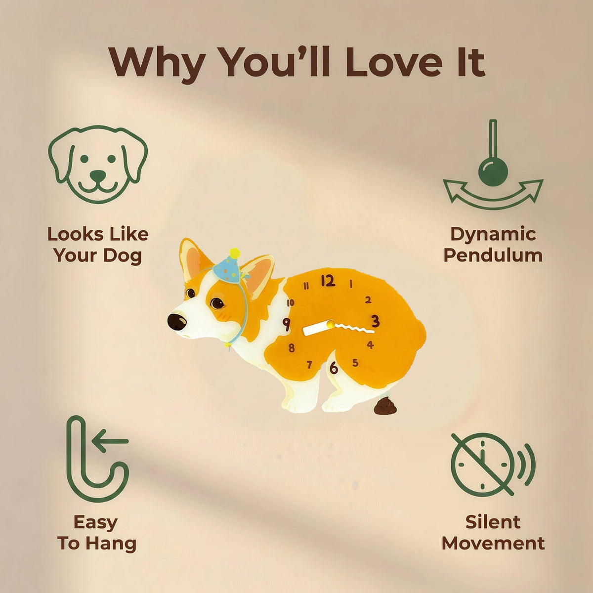 Corgi wall clock features: dog design, swinging pendulum, wall hooks and silent movement