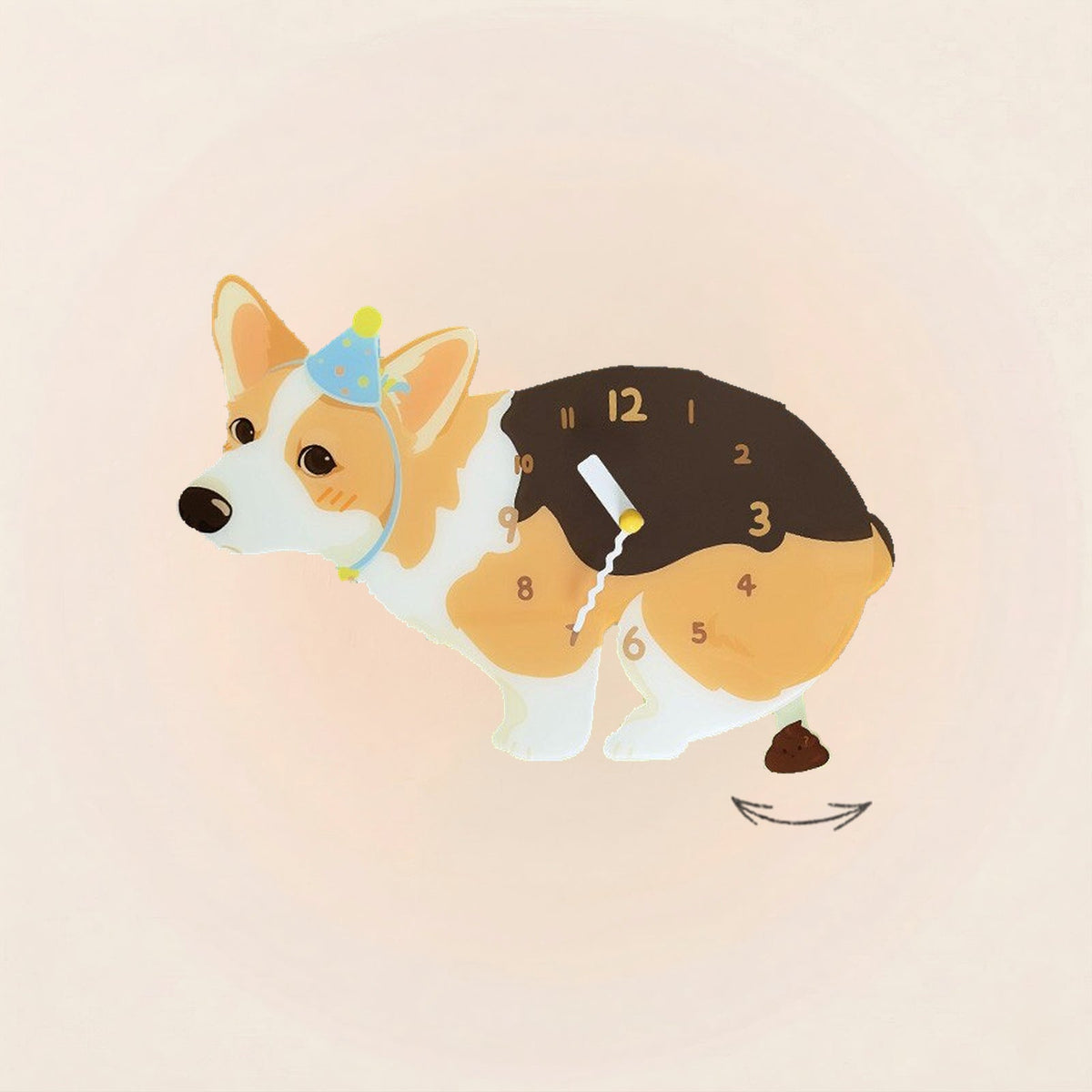 Corgi Poop-Time wall clock in Tricolor with swinging poop pendulum