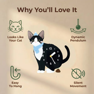 Devon Rex Cat wall clock features: cat design, swinging pendulum, wall hooks and silent movement