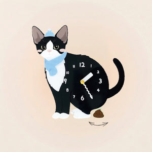 Devon Rex Cat Poop-Time wall clock in Black & White with swinging poop pendulum