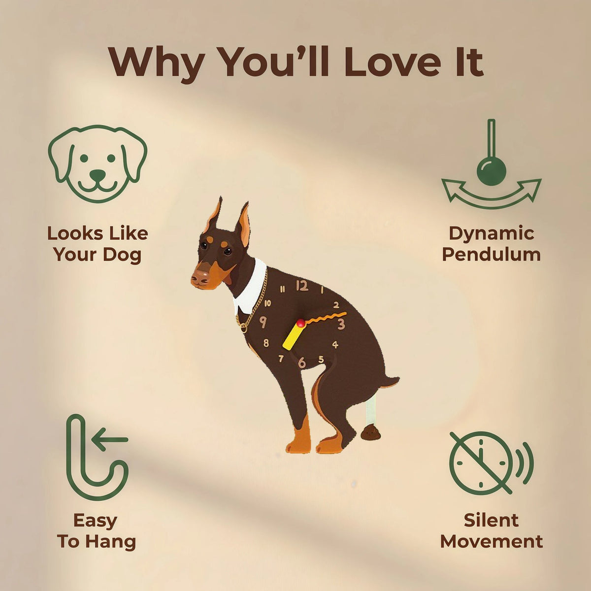 Doberman wall clock features: dog design, swinging pendulum, wall hooks and silent movement