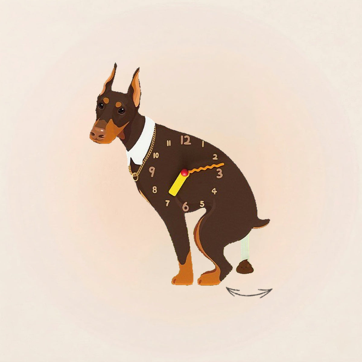 Doberman Poop-Time wall clock in Red & Rust with swinging poop pendulum