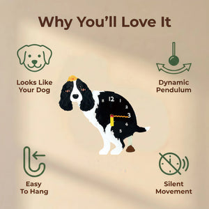 English Springer Spaniel wall clock features: dog design, swinging pendulum, wall hooks and silent movement