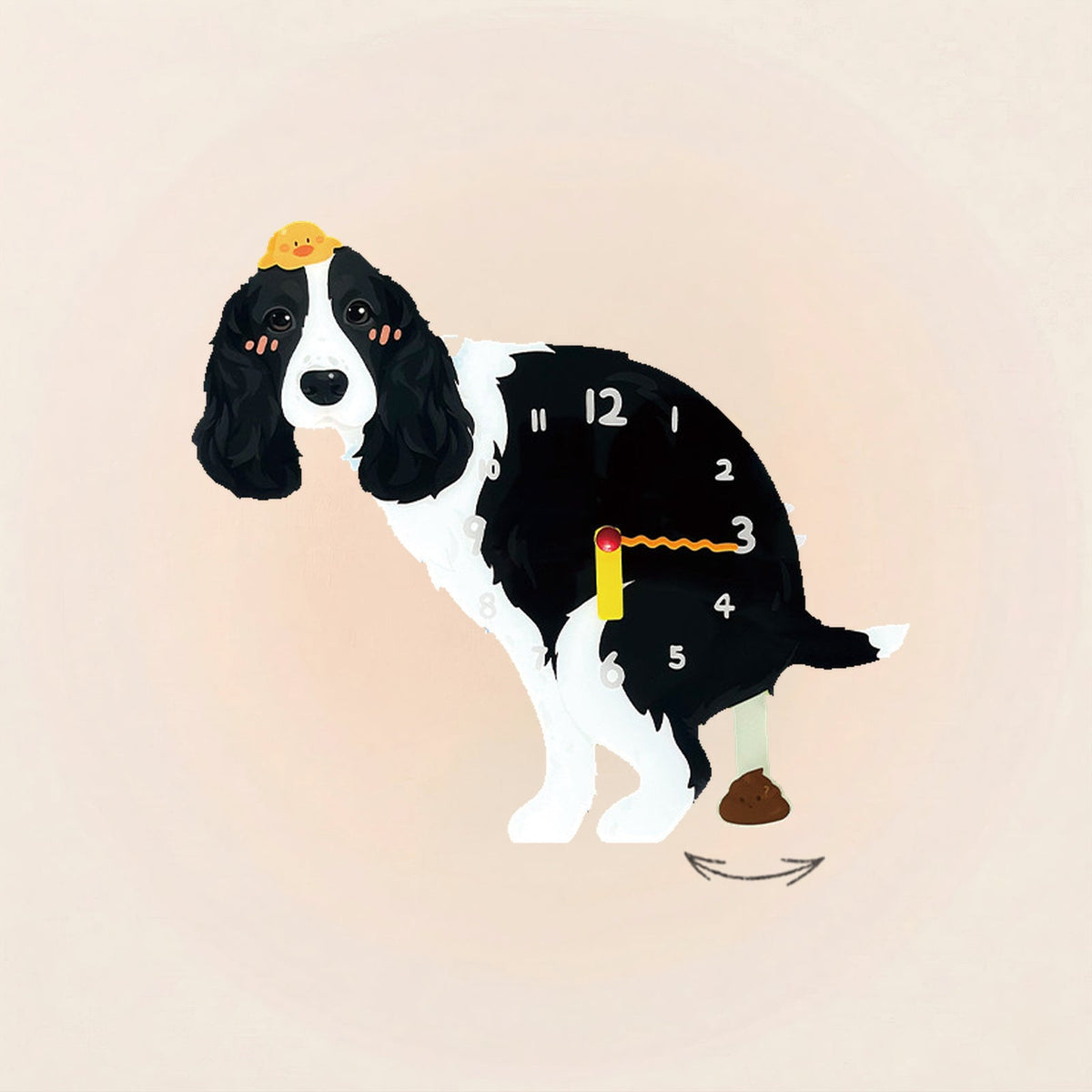 English Springer Spaniel Poop-Time wall clock in Black & White with swinging poop pendulum