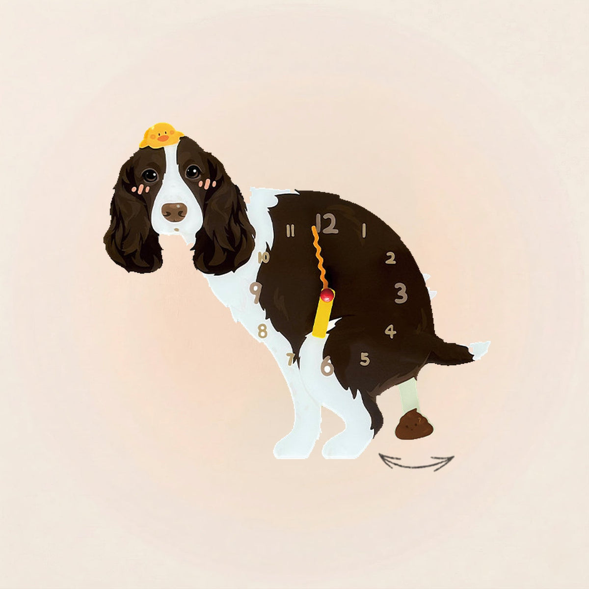English Springer Spaniel Poop-Time wall clock in Liver & White with swinging poop pendulum