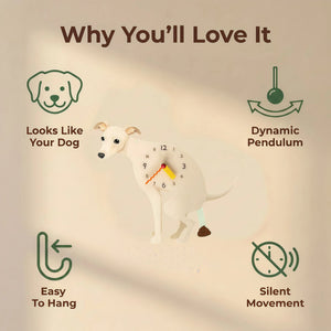 Greyhound wall clock features: dog design, swinging pendulum, wall hooks and silent movement