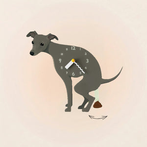 Greyhound Poop-Time wall clock in Gray with swinging poop pendulum
