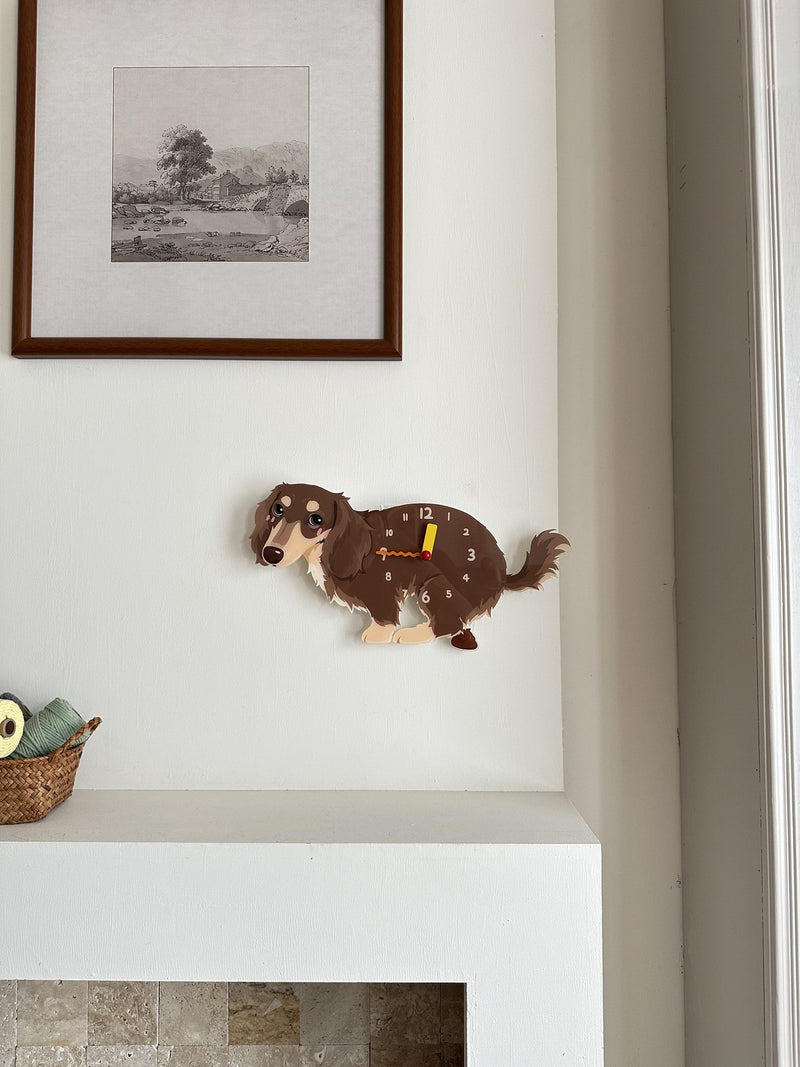 Long-Haired Dachshund pendulum wall clock in a home setting 2