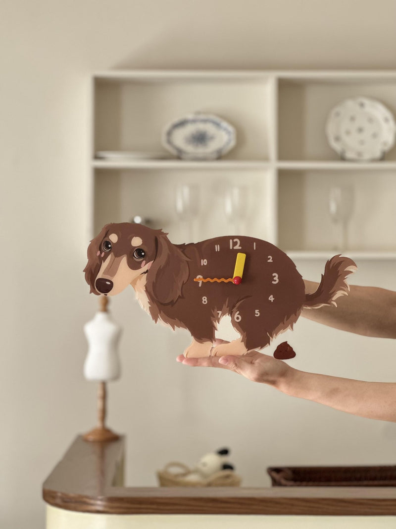 Long-Haired Dachshund pendulum wall clock in a home setting 3