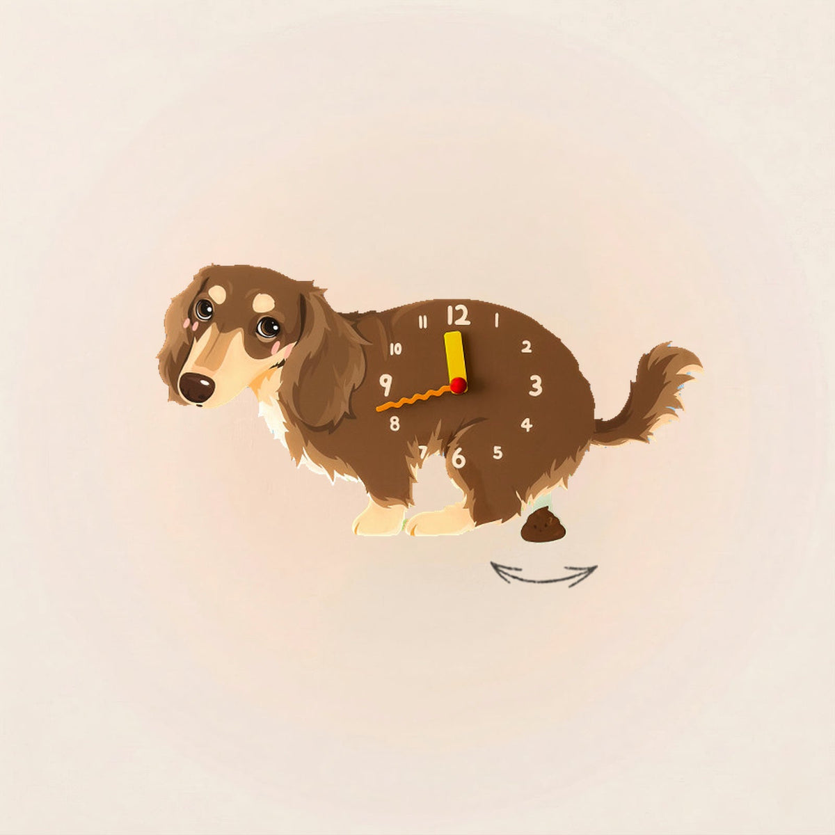 Long-Haired Dachshund Poop-Time wall clock in Brown & Tan with swinging poop pendulum