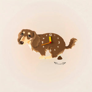 Long-Haired Dachshund Poop-Time wall clock in Brown & Tan with swinging poop pendulum
