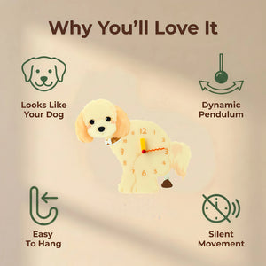Maltipoo wall clock features: dog design, swinging pendulum, wall hooks and silent movement