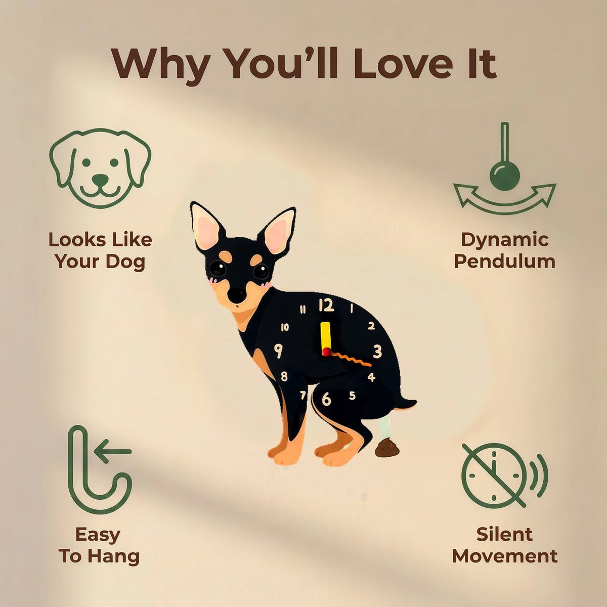 Miniature Pinscher wall clock features: dog design, swinging pendulum, wall hooks and silent movement