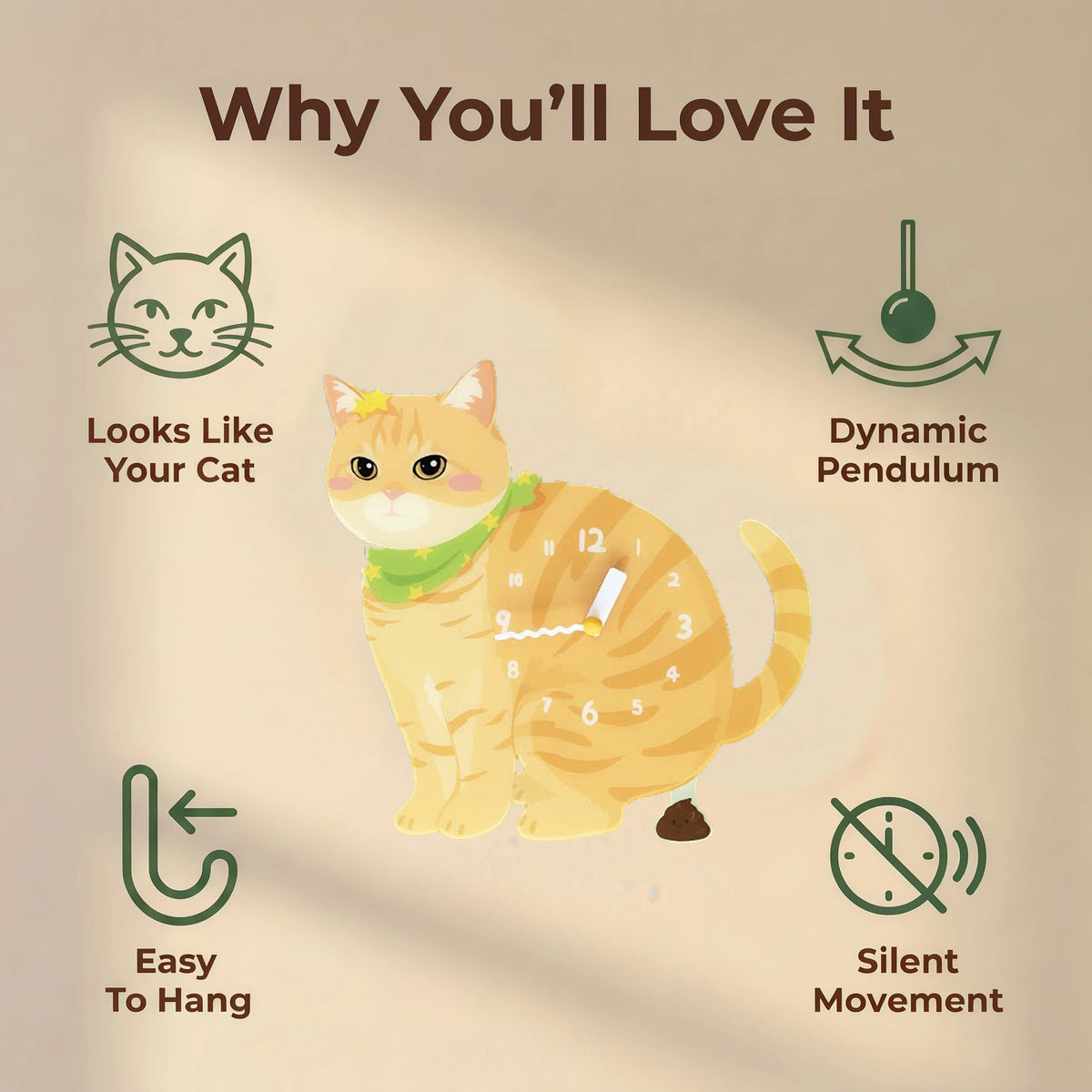 Orange Tabby Cat wall clock features: cat design, swinging pendulum, wall hooks and silent movement