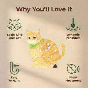 Orange Tabby Cat wall clock features: cat design, swinging pendulum, wall hooks and silent movement